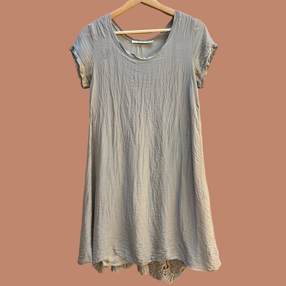Nicole Italy ‘Greige’ Silk-Blend & Lace Lined Shift Dress - XS